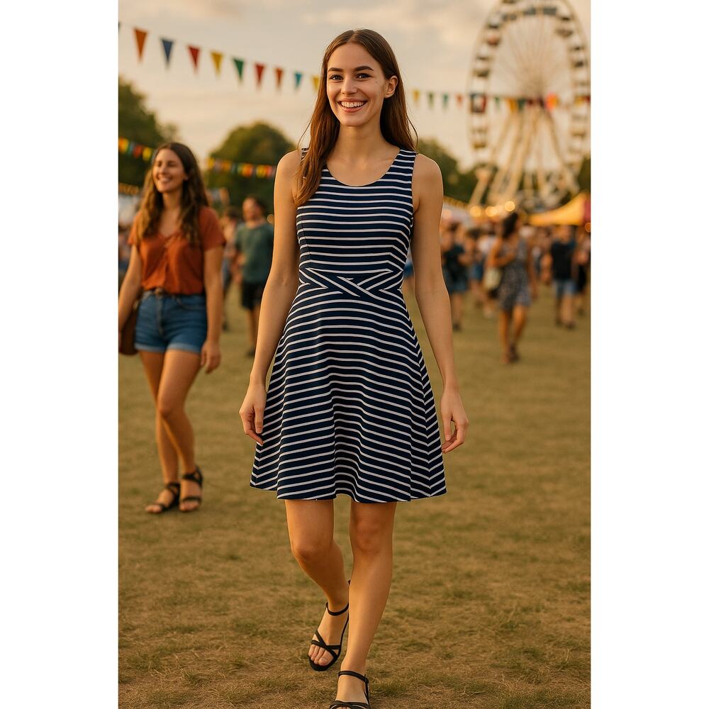 City Chic Navy
 and White Striped Sleeveless Dress - Size M/18
